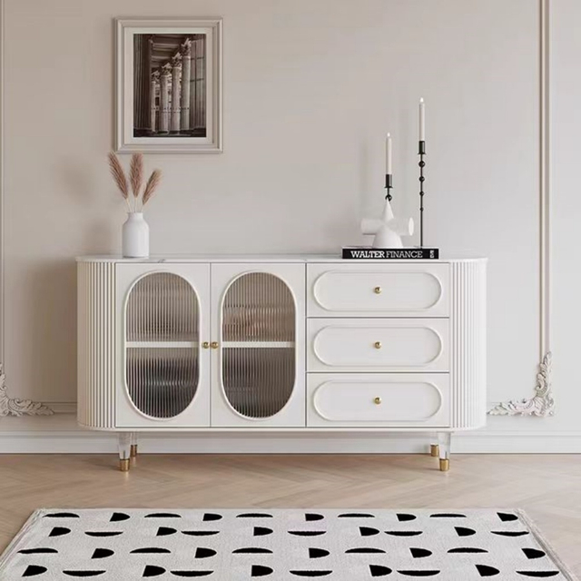 French Cream Solid Wood Sideboard - Stone Top, Acrylic Legs & 2 Drawer Storage for Kitchen & Dining