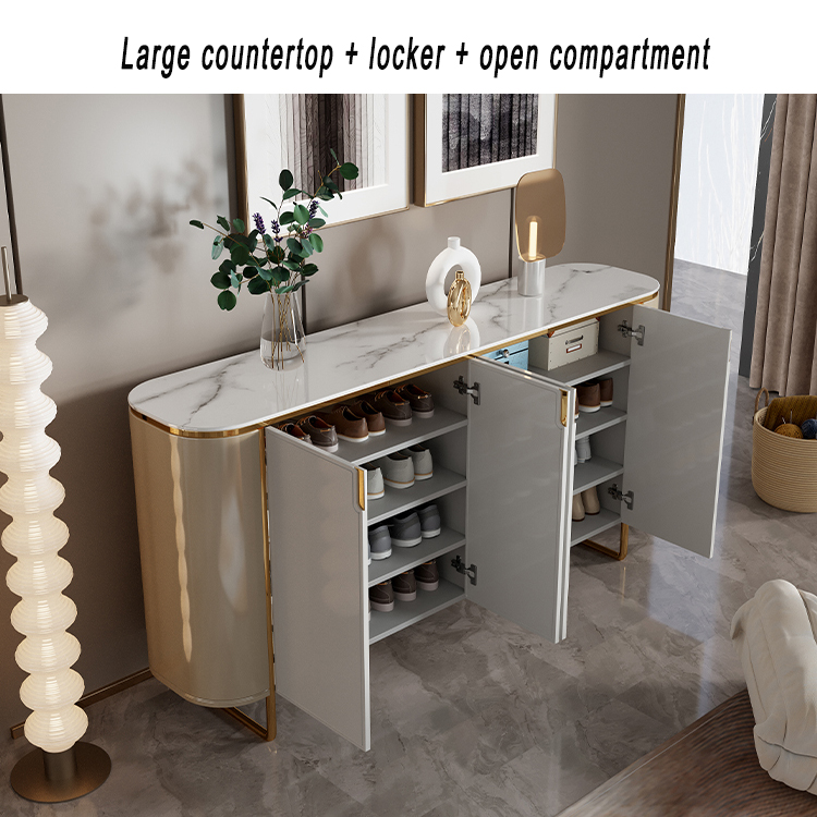 Modern Light Luxury High Gloss Paint Stainless Steel Gold Door Large Modern Elegant Shoe Cabinet@详情5