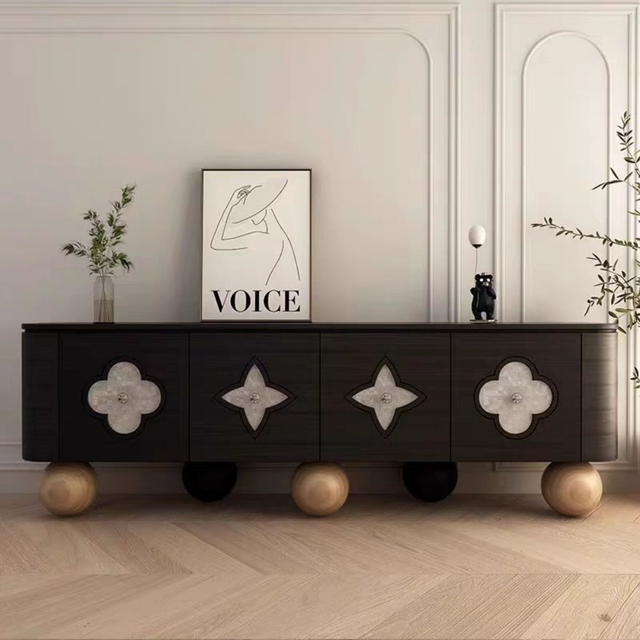 French Style Solid Wood TV Stand - Four-Leaf Clover Carvings, 2 Drawers & Open Shelves for Living Room