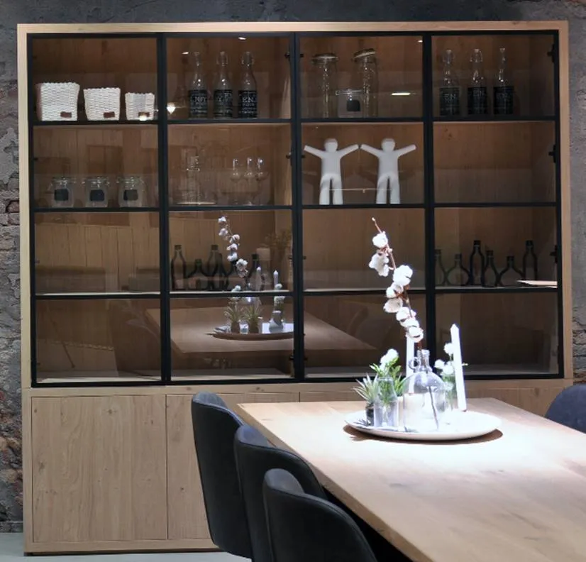 Black Metal Frame Door with Glass for Cabinet Closet Element Design Oak Furniture Rustic Tall Aluminum Profile for Wardrobe Hinged Swing Rebound Double Doors