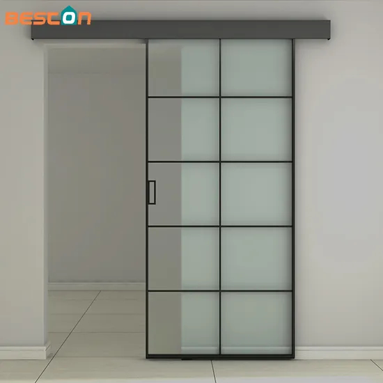 Aluminum Black Metal Frame Glass Interior Sliding Barn Door with Hardware Kit