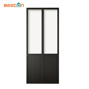 Frosted Glass Black Metal Finish Sliding Barn Door with Hardware Kit