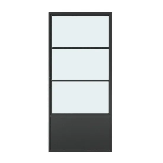 Double Door 3 Lites&Base Black Steel Frame Glass Sliding Barn Door