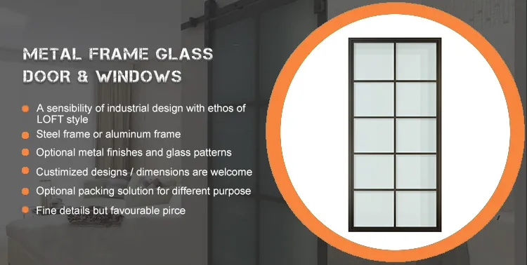 Modern Black Steel Frame Glass Sliding Barn Door with Hardware