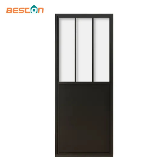 Black Steel Frame Glass Barn Door with Kickplate Soft Closer Equipped