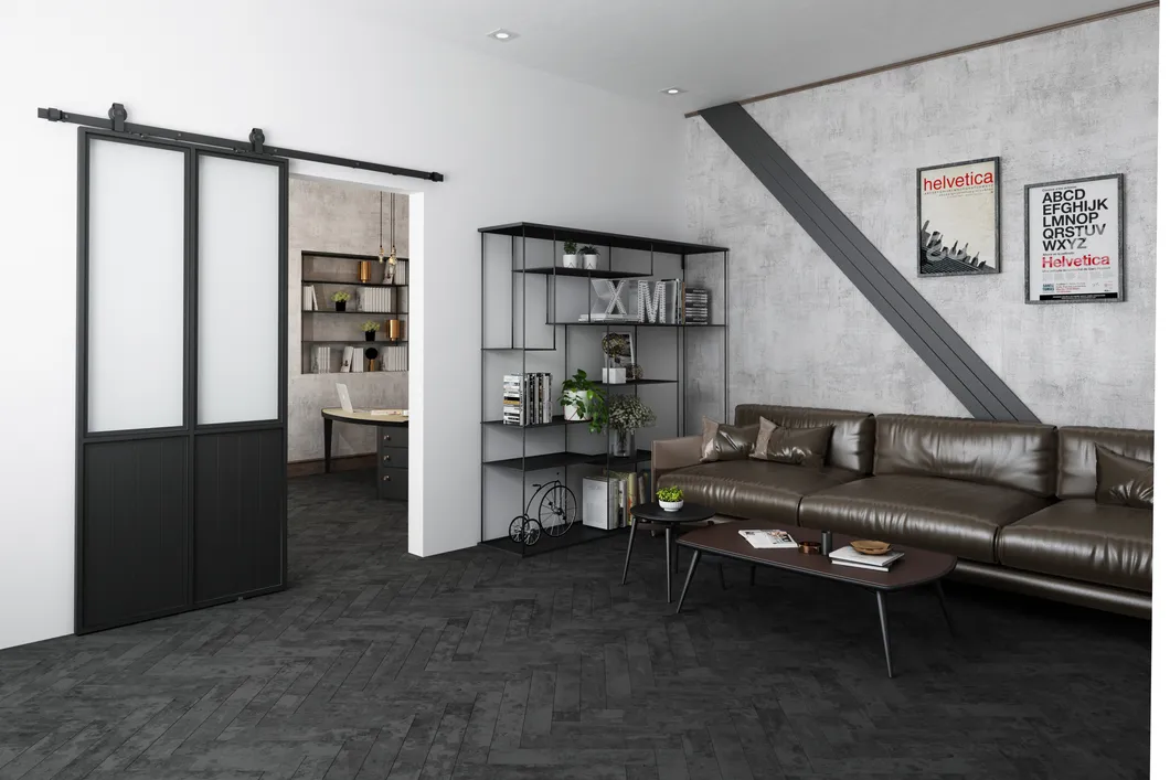 Steel Frame Clear Glass Barn Door with Kickplate for Kitchen