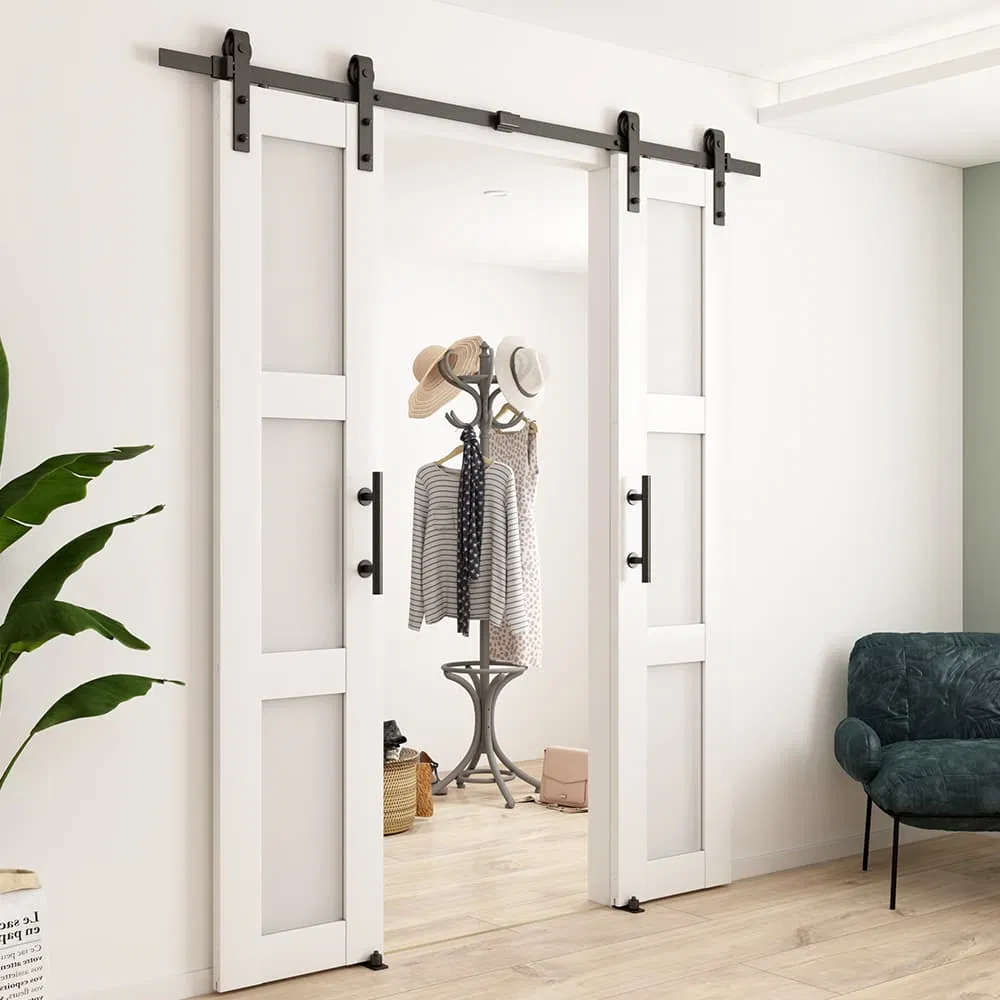 3 Lites White PVC Barn Door with Frosted Glass Panels