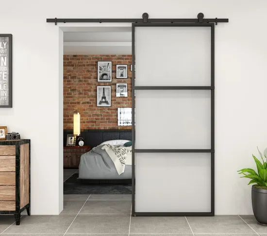 Black Steel Framed Clear Glass Sliding Barn Door for Interior Use