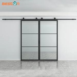 Black Powder Coated Glass Flush Door Double Sliding Impact Glass Sliding Door