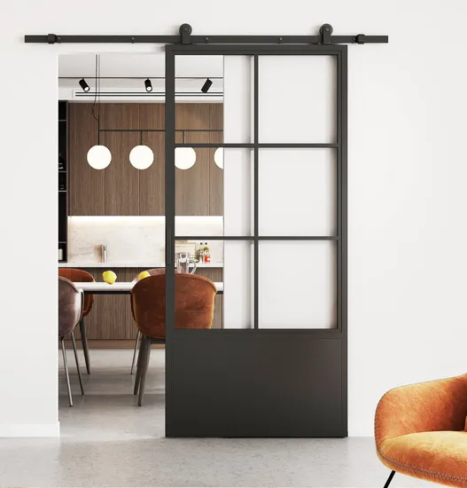 6 Lites&Base Black Carbon Steel Frame Glass Sliding Barn Door Leaf
