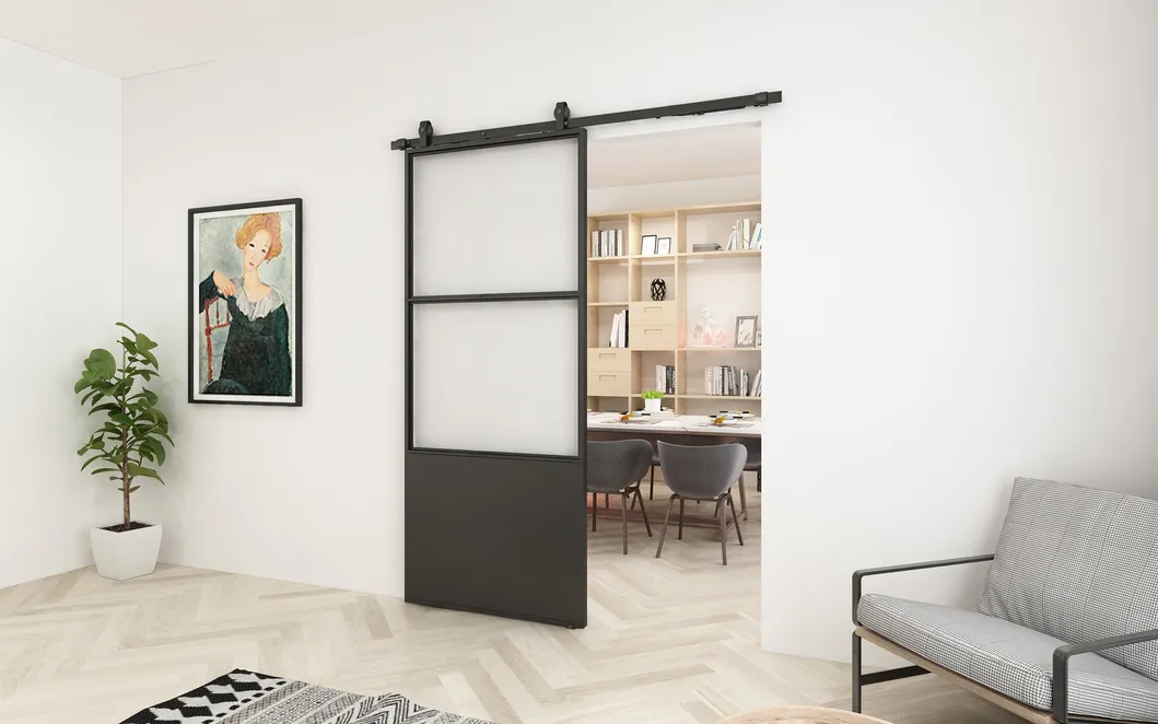 Barn Door Paneled Metal Glass Concorde Barn Door with Installation Hardware Kit