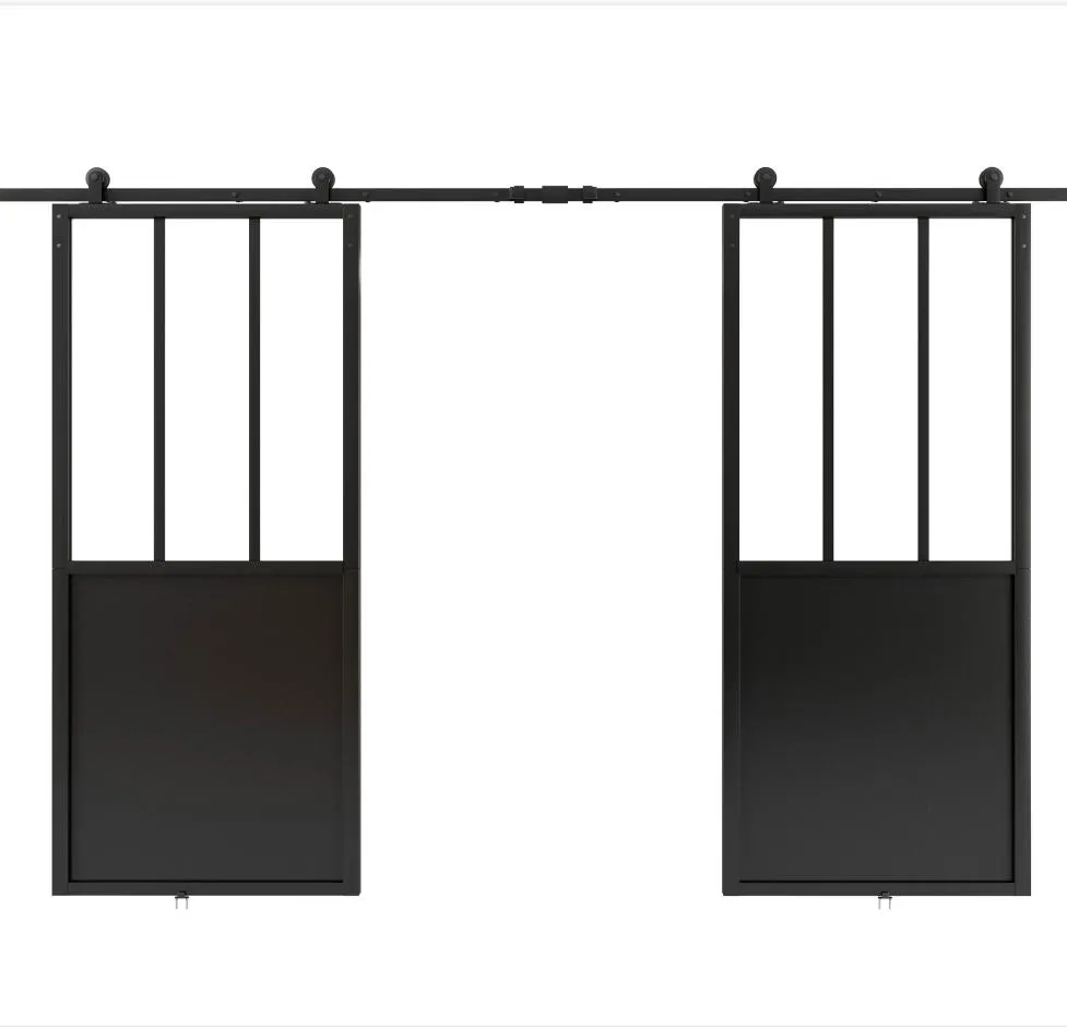 Double Kick Helder Metal Frame Clear Glass Doors with Barn Door Hardware