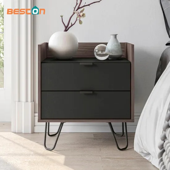 Modern Black Nightstand High Metal Base Bedside Table