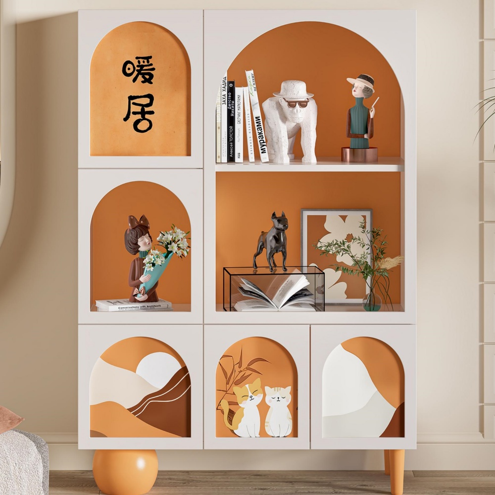 French Cream Style Solid Wood White Display Cabinet & Bookshelf - 3 Shelves, 2 Cabinets - Living Room Storage with Floor/Wall Options