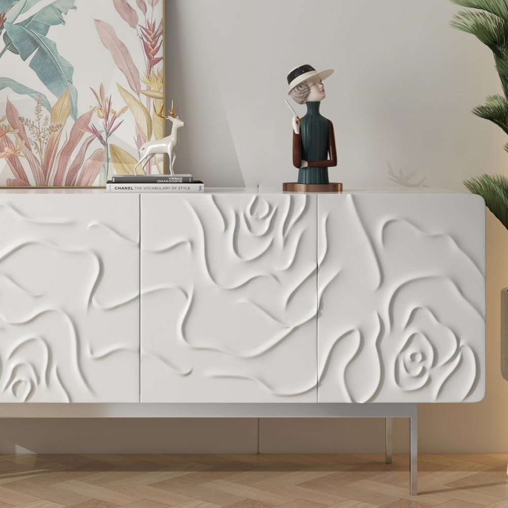 Factory-Customized White Cutlery Cabinet - Stylish Design with Carved Doors, Adjustable Shelves & Ample Storage