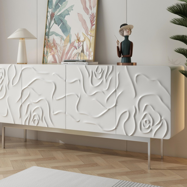 Factory-Customized White Cutlery Cabinet - Stylish Design with Carved Doors, Adjustable Shelves & Ample Storage