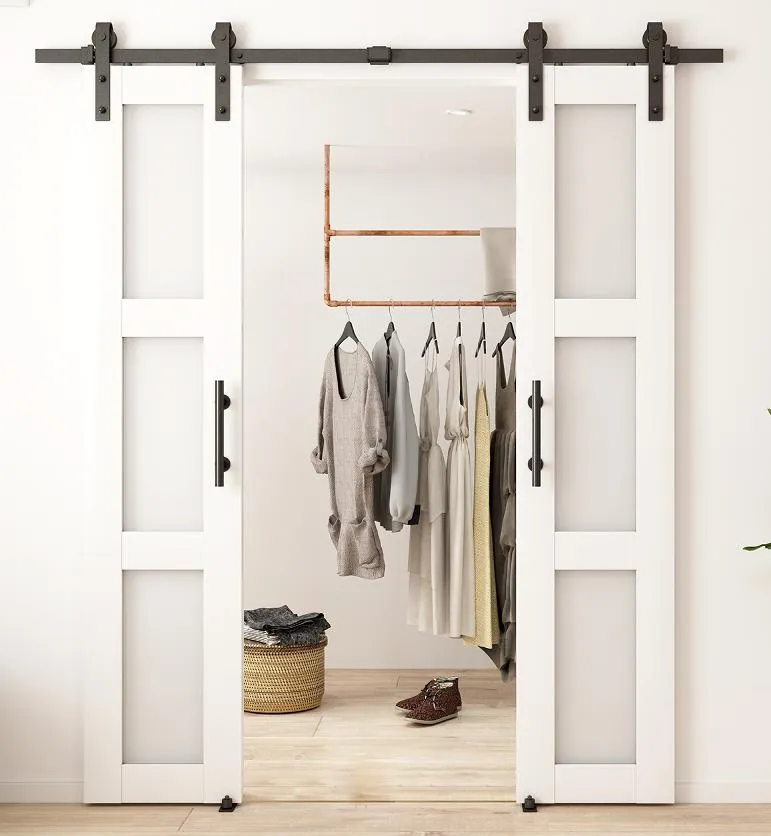 3 Lites White PVC Barn Door with Frosted Glass Panels