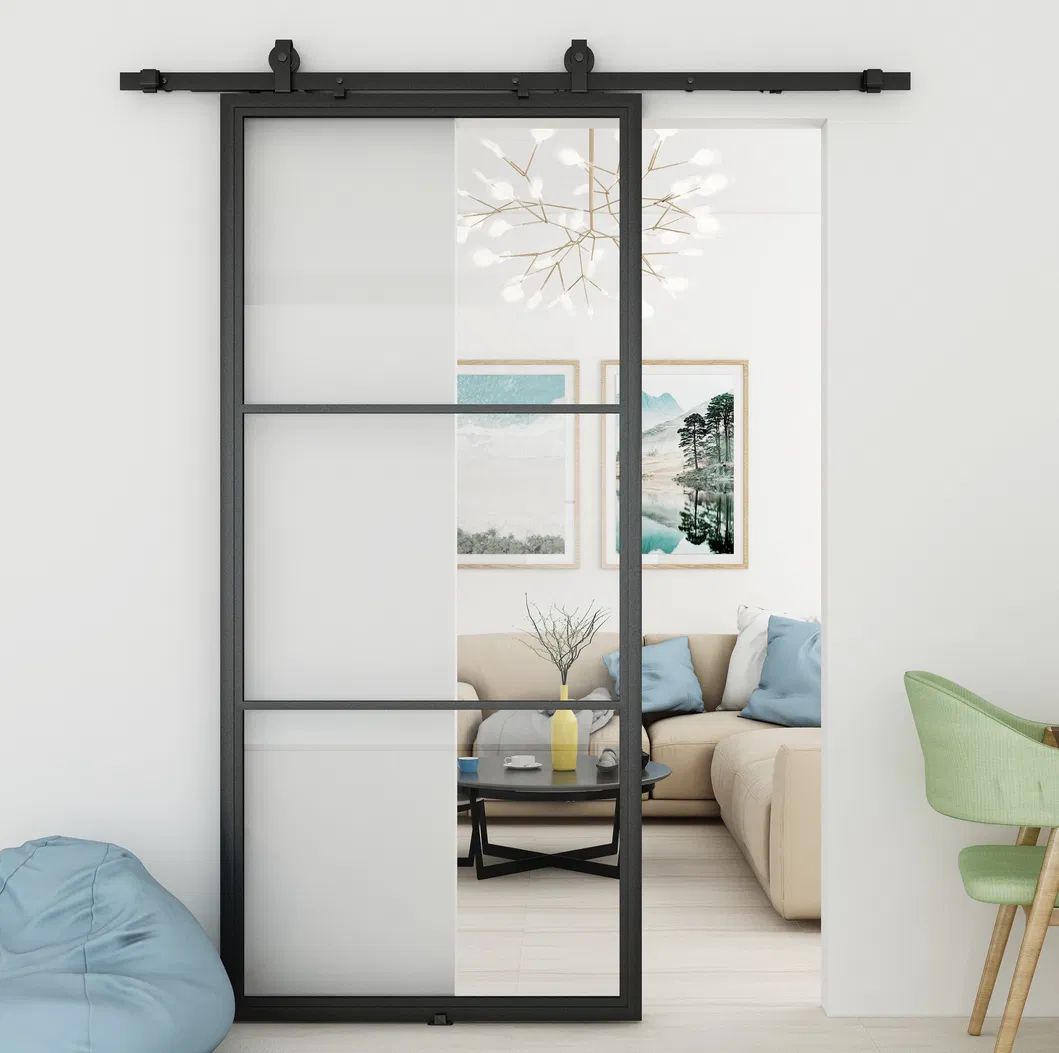 Black Steel Framed Clear Glass Sliding Barn Door for Interior Use