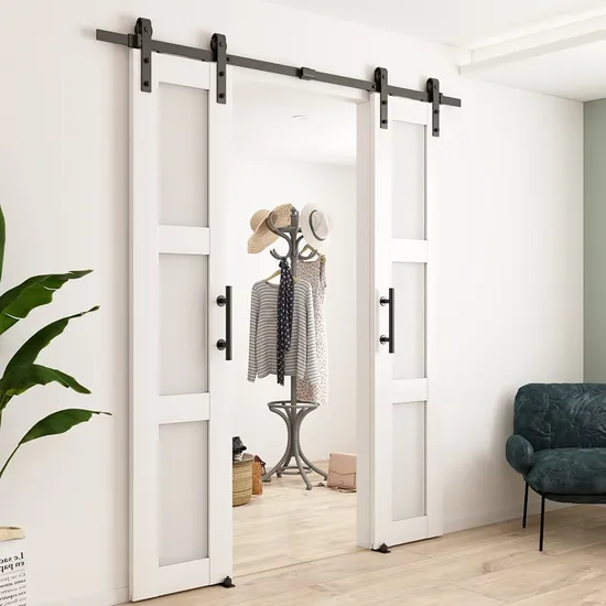 3 Lites White PVC Barn Door with Frosted Glass Panels