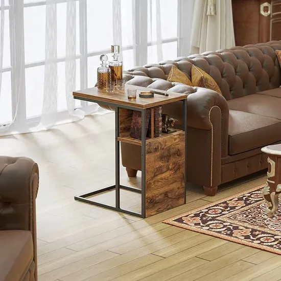 C-Shaped Reversible Side Table Nightstand Bedside Table with Wooden Shelf Snack