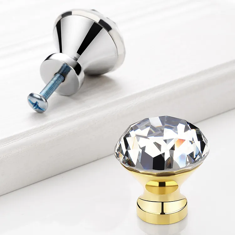 Crystal Glass 30mm Diamond Shape Clear Zinc Cabinet Drawer Door Knob