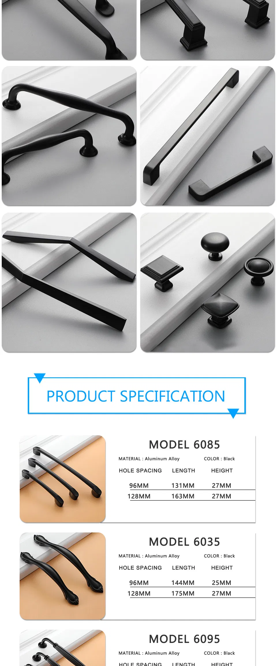 Zinc Alloy Kitchen Black Cabinet Handle Furniture Drawer Handles and Knobs