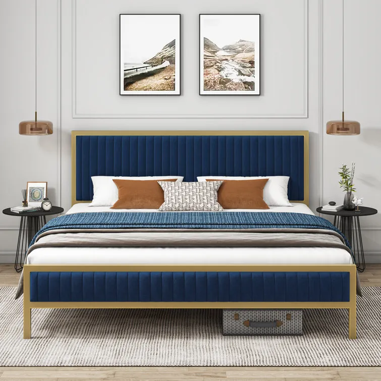 Full Size Metal Bed Base with Velvet Queens Beds Frame