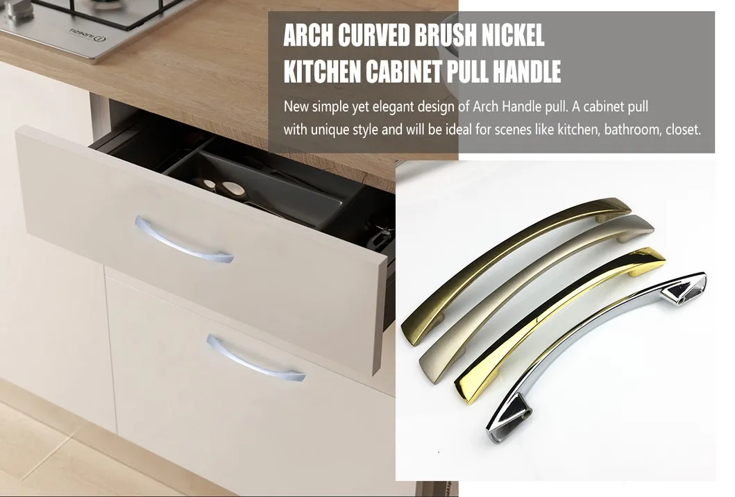 Furniture Hardware Zinc Alloy Arch Curved Brush Nickel Kitchen Cabinet Pull Handle