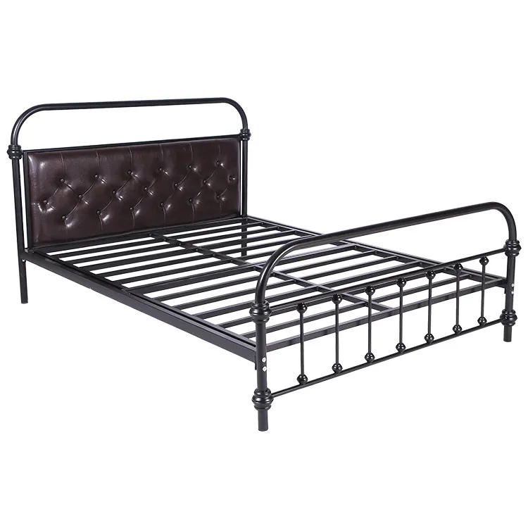 Diamond Leather Headboard Sturdy Iron Platform Bed Frame