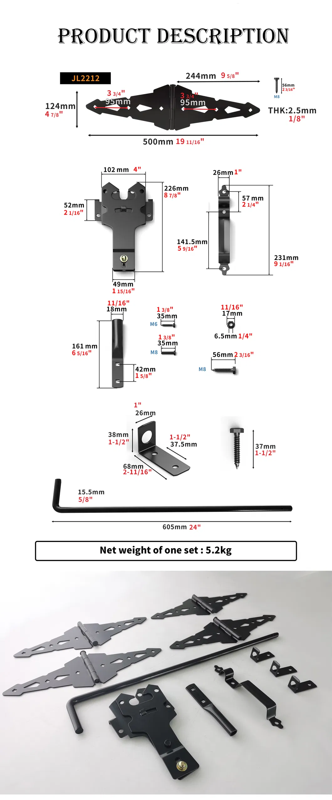 Gate Hinge Gate Latch Door Drop Rod Metal Black Wood Fence Hardware