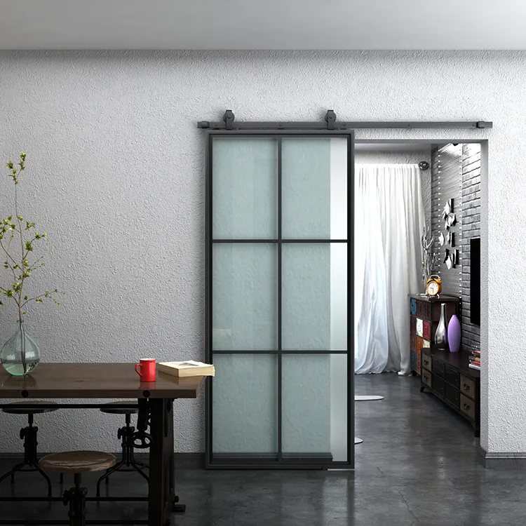 Loft Style Silent Sliding Steel Frame Black Glass Door Partition Doors