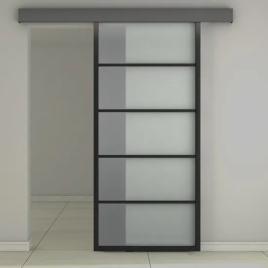 Aluminum Black Metal Frame Glass Interior Sliding Barn Door with Hardware Kit