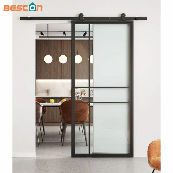 Modern Black Steel Frame Glass Sliding Barn Door for Interior Use