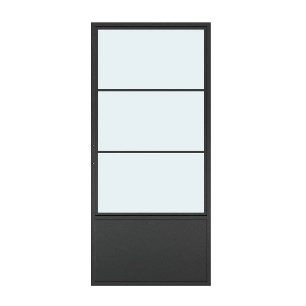 Double Door 3 Lites&Base Black Steel Frame Glass Sliding Barn Door