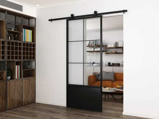 Modern Black Steel Frame Glass Barn Door, Interior Sliding Door