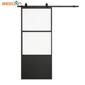 Clear Glass Black Steel Frame Interior Barn Door with Sliding Hardware Kit