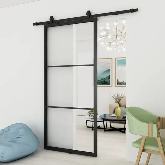 Black Steel Framed Clear Glass Sliding Barn Door for Interior Use