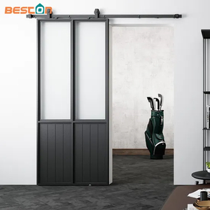 French Style Black Steel Frame Clear Glass Barn Door with Kickplate
