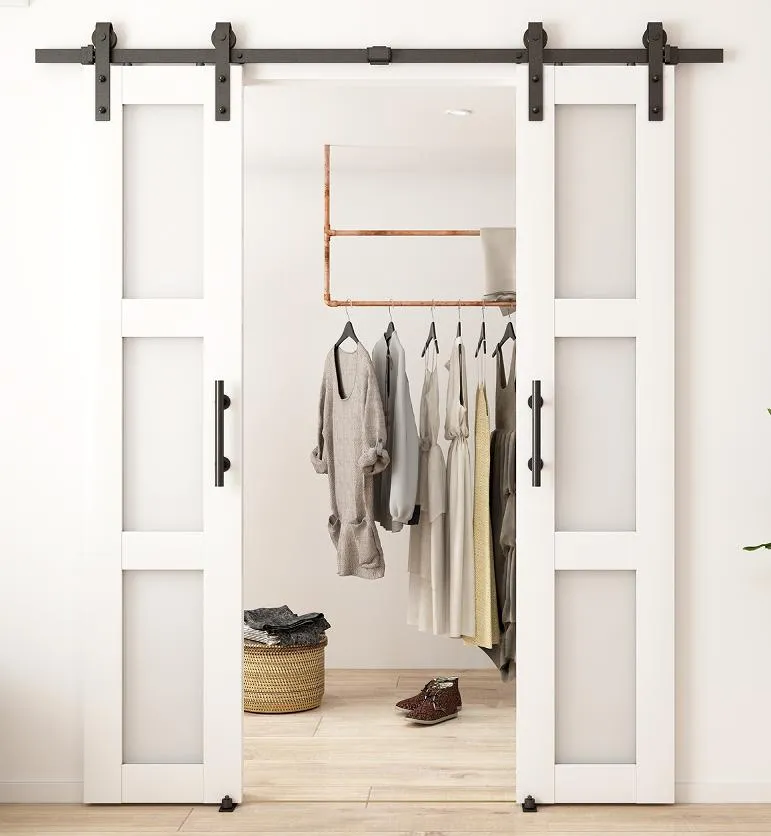 3 Lites Double Knocked Down White Barn Doors with Barn Door Hardwares