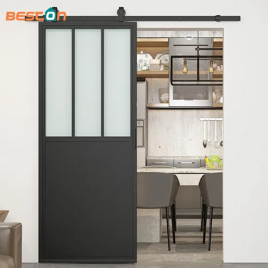 Black Steel Framed Clear Glass Sliding Barn Door with Skirt Board