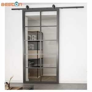 Black Metal Frame Clear Tempered Sliding Glass Partition Door with Hardware Kit