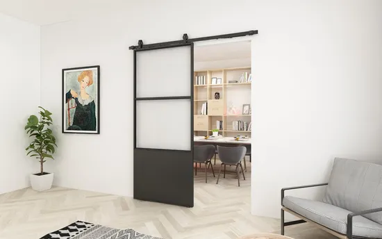 Knockdown Paneled Metal Glass Concorde Barn Door with Hardware