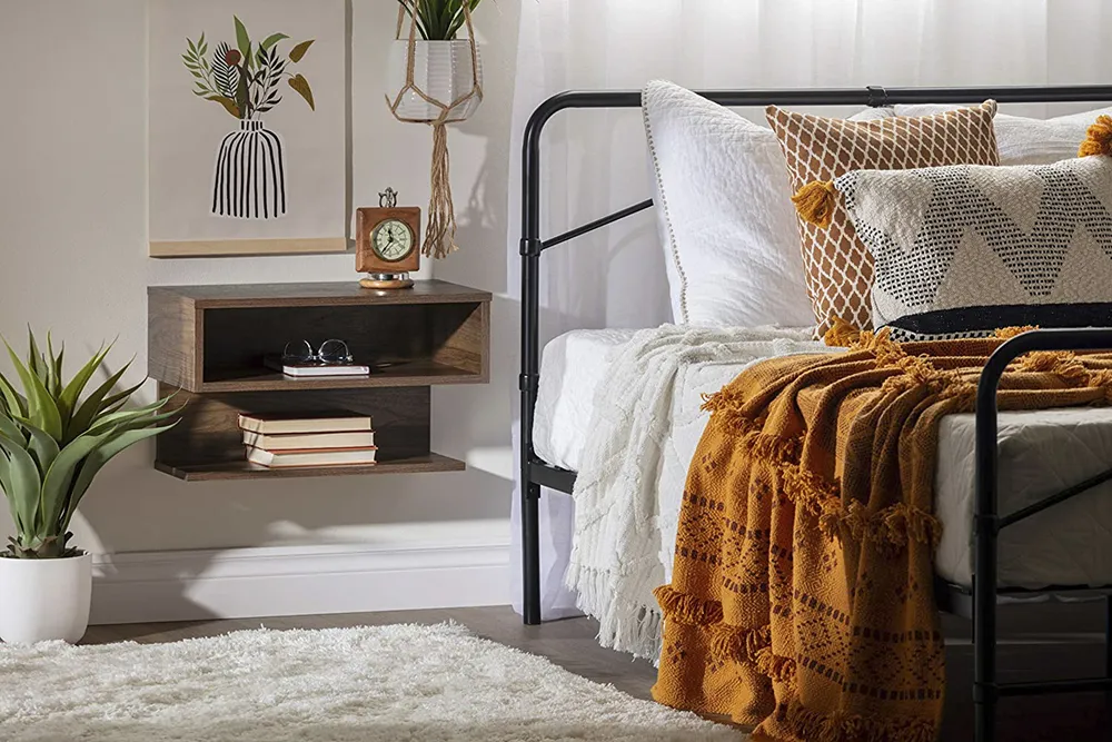 Wooden Wall Mounted Shelf with Drawer Bedside Nightstand Side Table