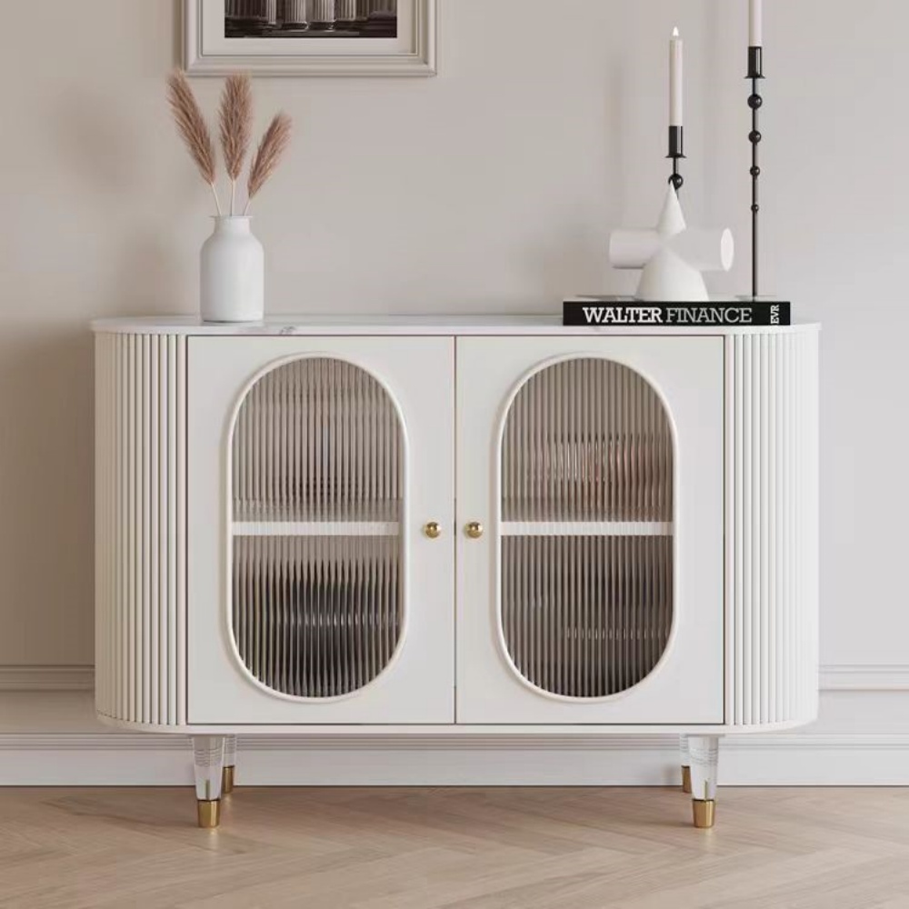 French Cream Solid Wood Sideboard - Stone Top, Acrylic Legs & 2 Drawer Storage for Kitchen & Dining