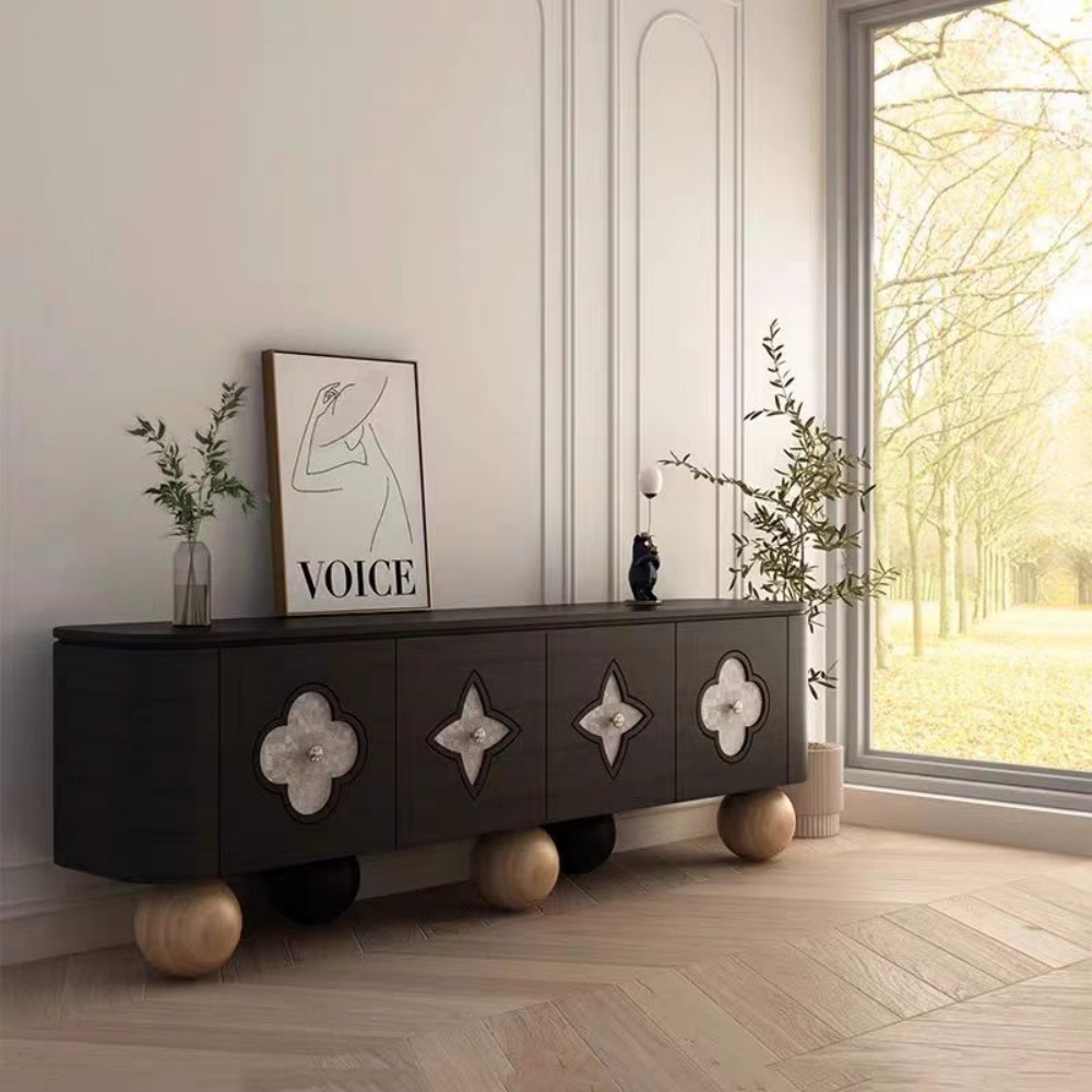 French Style Solid Wood TV Stand - Four-Leaf Clover Carvings, 2 Drawers & Open Shelves for Living Room