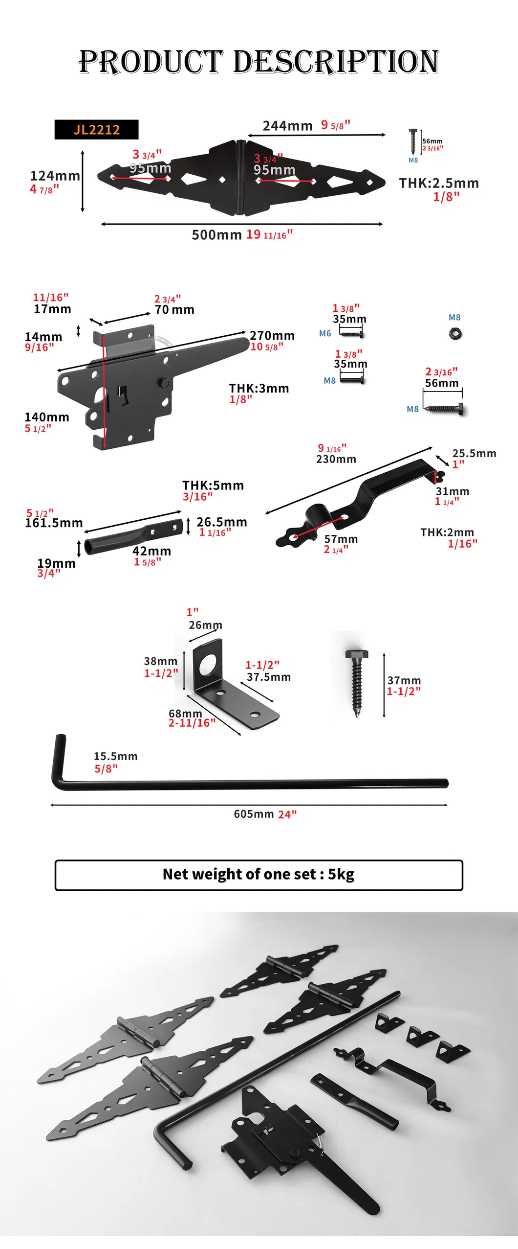 Gate Hinge Door Latch Metal Black Wooden Fence Hardware Set