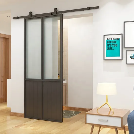 Frosted Glass Black Metal Finish Sliding Barn Door with Hardware Kit