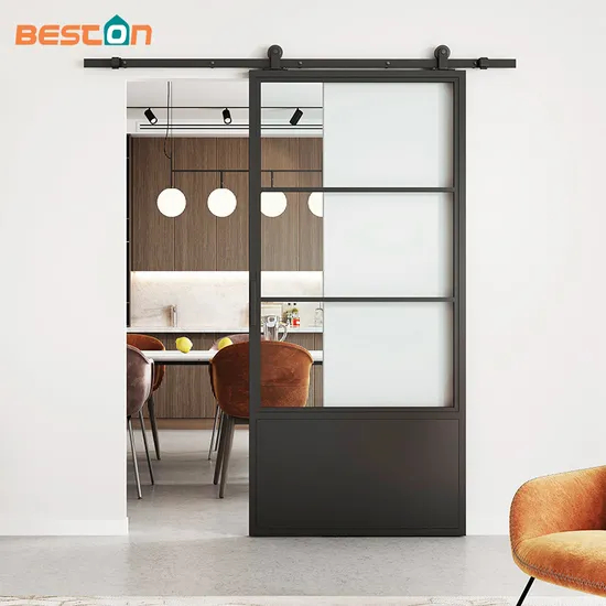 Steel Frame Tempered Clear Glass Sliding Barn Door with Kickplate