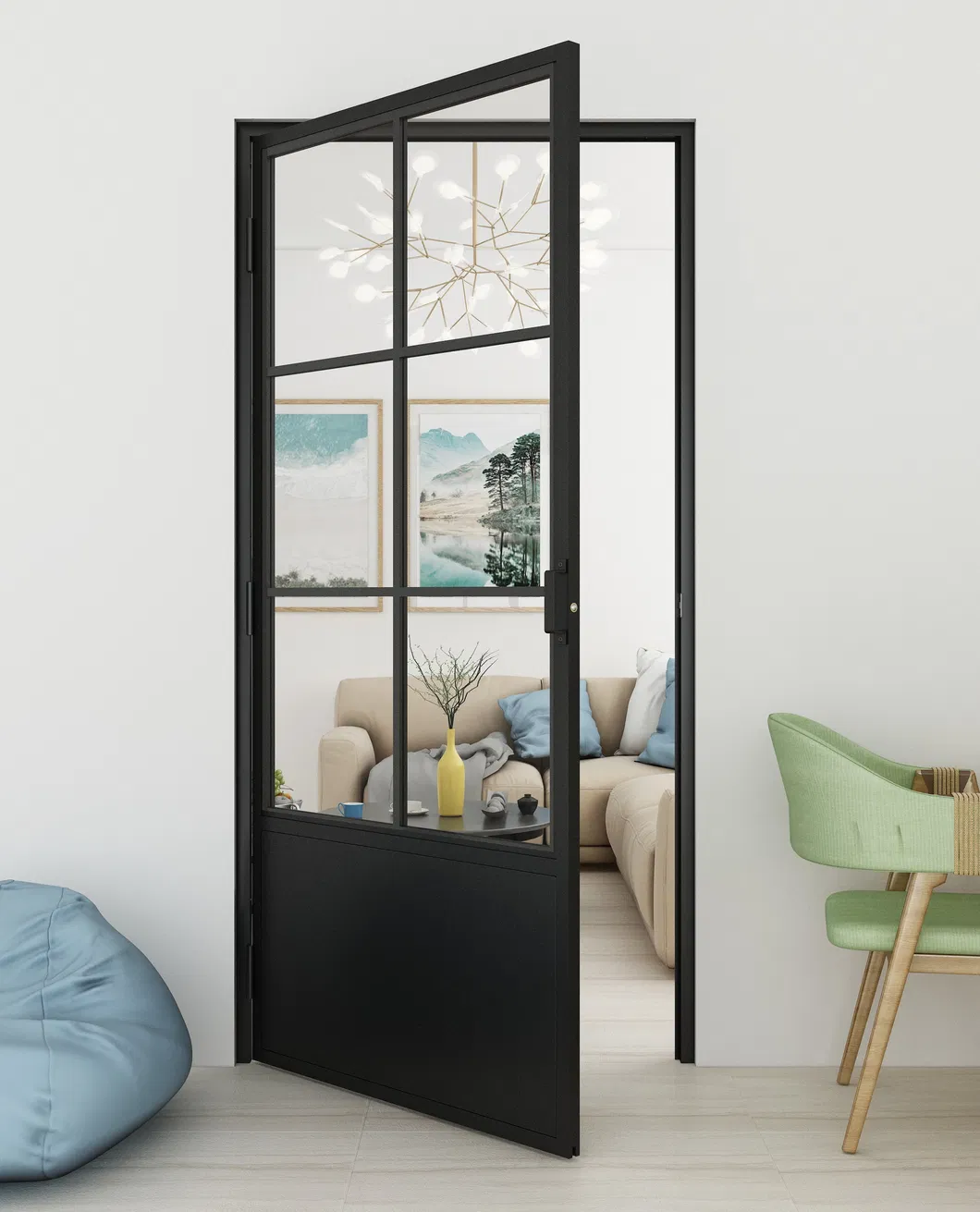 Metal Frame Swing Paneled Glass Door with Baseboard for Interior Use