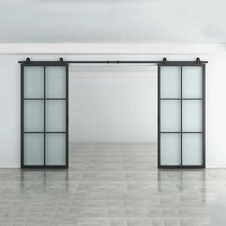 Black Powder Coated Glass Flush Door Double Sliding Impact Glass Sliding Door